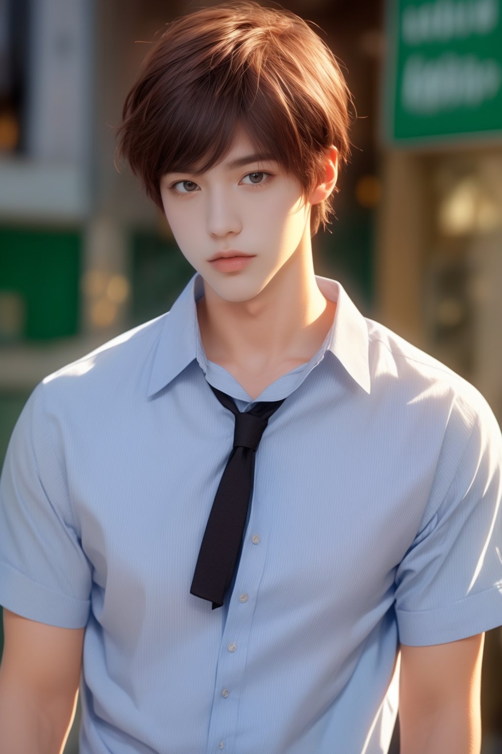 solo, looking at viewer, shirt, black short hair, 1boy, upper body, male focus, black eyes, lips, striped shirt, realistic, school uniform,niji3