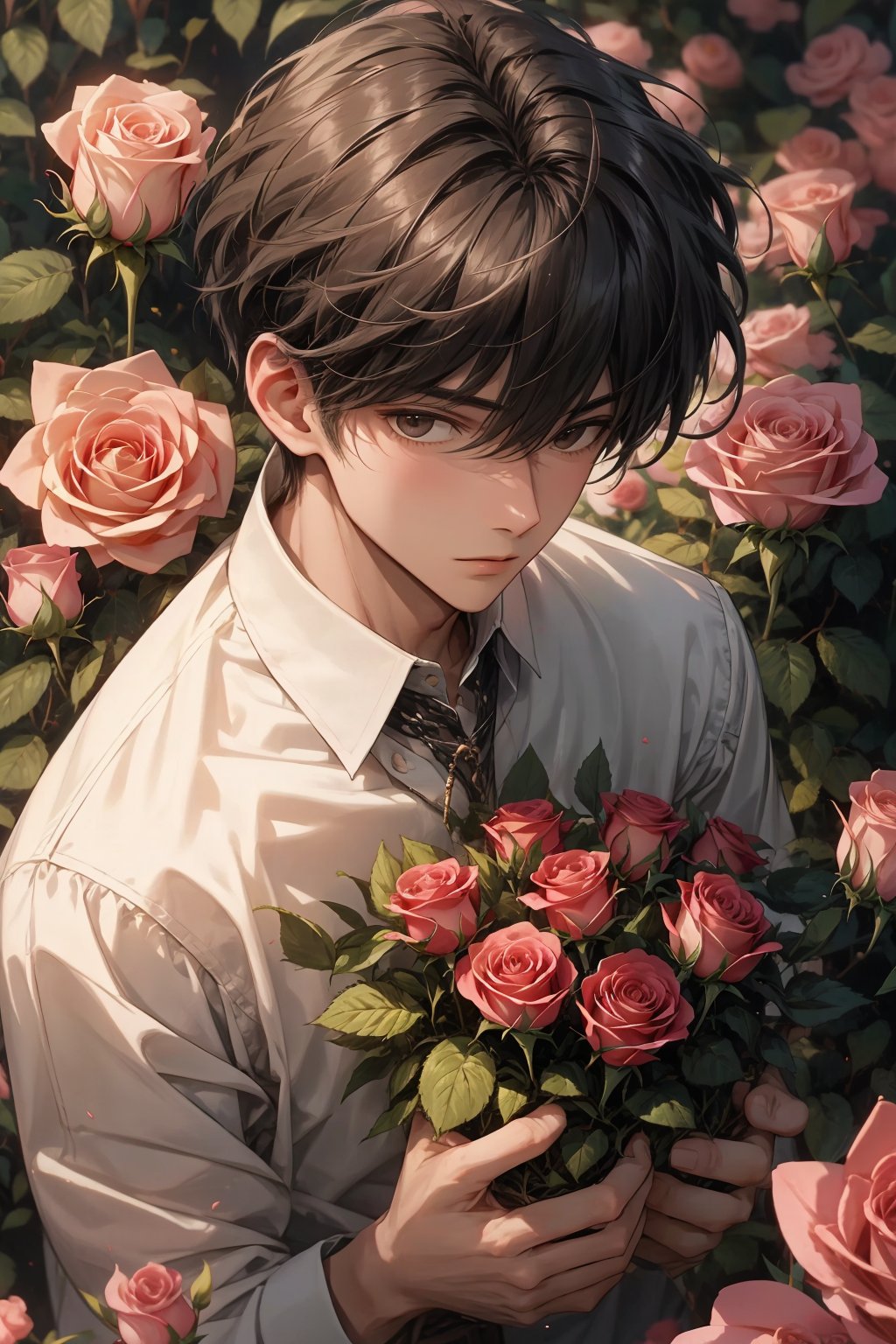 1boy,planting,in the rose flowers, creative, wonderful, beautiful, amazing