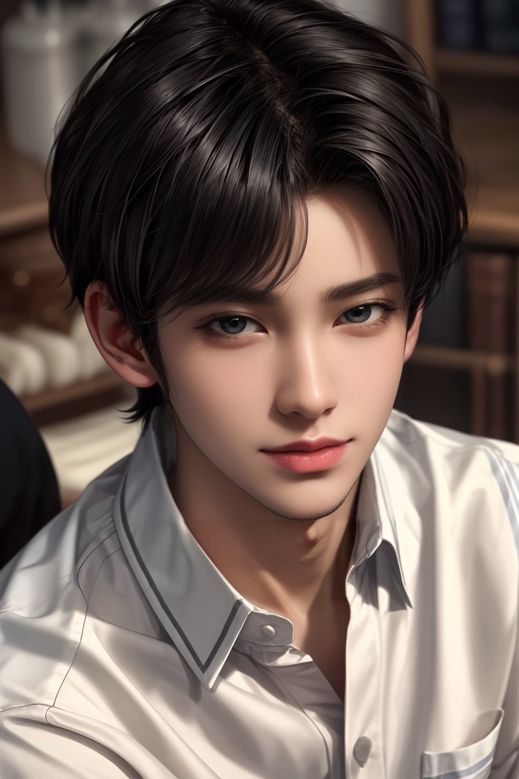 solo, looking at viewer, shirt, black hair, 1boy, white shirt, upper body, male focus, striped, collared shirt, black eyes, lips, striped shirt, realistic,Detailed face, smile, lovely,niji3