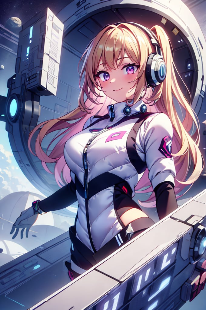 Extreme detail,One girl,ledarraytech , scifi,   geometrical ,   scholar , scroll, 1girl,very long hair, wind:1.5,blonde long hair,headphone, flying,falling,wind:1.5,glowing eyes, smile ,closed mouth,inside spacecraft background,futuristic space station back ground,
 ,tron,(white astrovest):2,bing_astronaut