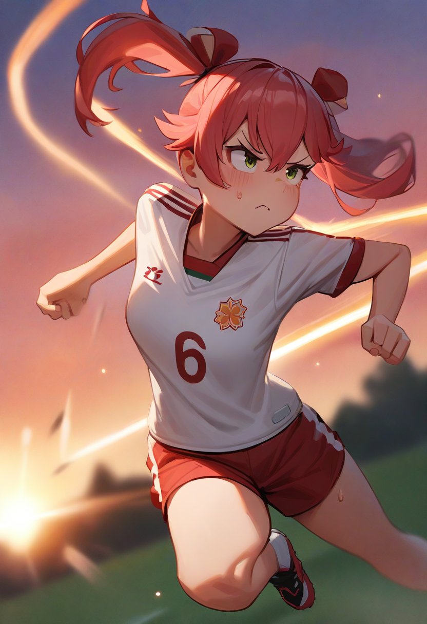 masterpiece, best quality, very aesthetic, absurdres,(1girl), sakura miko,hololive,pinkhead, twintails, sports_uniform, soccer_uniform, shorts, outdoors, sunset, energy_beam_trail, action_pose, running, , , sweat_drops, determined_expression
