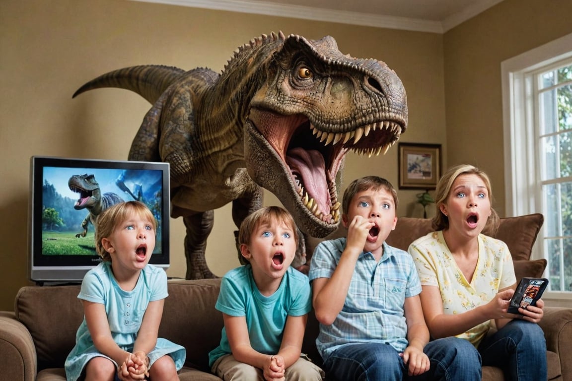 ((view from the side:1.33)), A thrilling photo of a family watching TV, unaware of the imminent danger. Suddenly, a dinosaur leaps out of the screen, roaring loudly, and terrifies the family. The TV screen is shattered, and the dinosaur's eyes glint with ferocity. The family members are frozen in fear, with their mouths agape, while the dinosaur's claw is extended, ready to pounce., photo