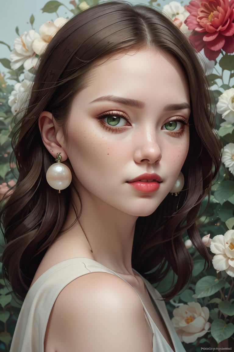 Portrait headshot of a Joyful white young-adult female with medium brown hair and green eyes, jewelry, Pearl earrings, heavy eyeliner, dark eyeshadow, red lipstick, Imaginative_Melodies, Gardenia_Portraits,