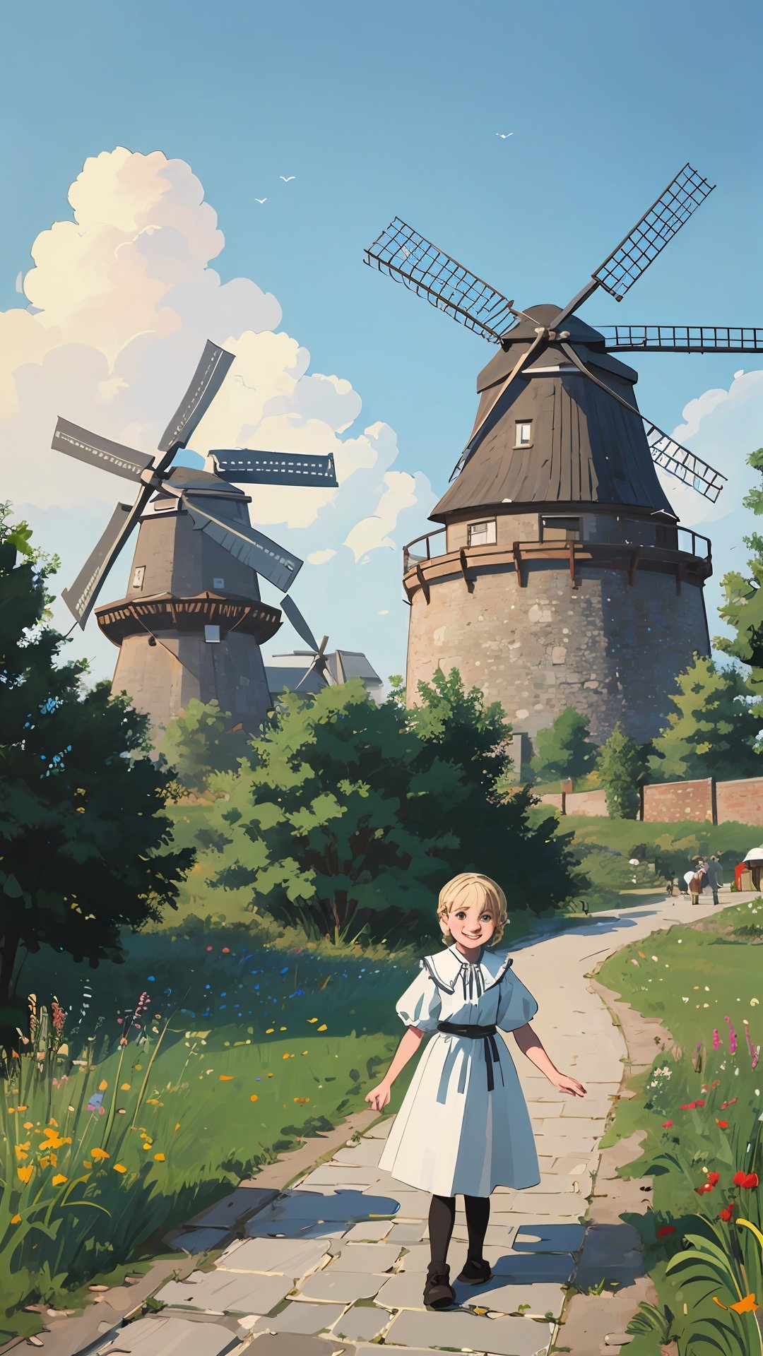 (full_length, full_body), Dutch girl, blonde, braid, happy, traditional Dutch clothing, Dutch village background, water, bridge, cobble stone path, windmill, clouds, (masterpiece, best quality:1.3), 