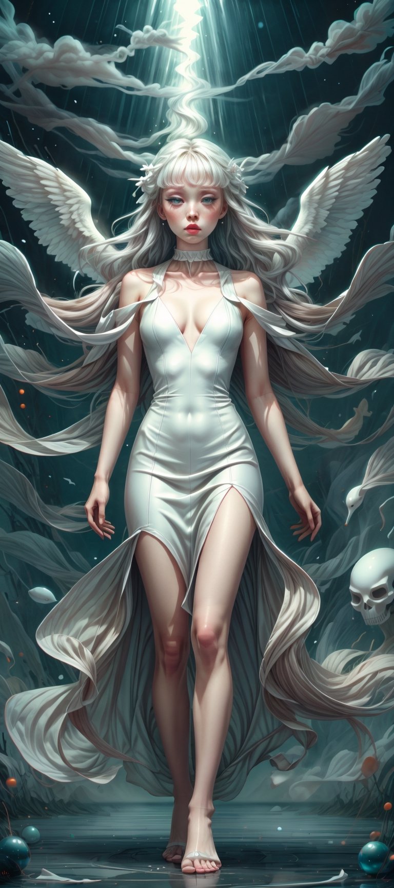 masterpiece, full body view, wide view, best quality, highres, 1girl, ghost, halloween, white hair, dazzling blue eyes, lush lips, closed mouth, embellished white dress, colored skin, white skin, sad, floating_hair, flowing dress, bare feet, ((misty)), nighttime, ethereal wispy fog, light on face, cinematic blue_tangerine color grading ,Imaginative_Melodies