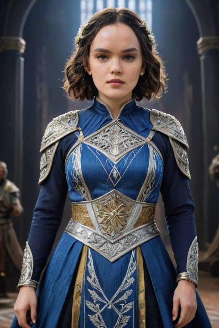 (best quality, epic masterpiece:1.3), (analog photo, studio portrait), Daisy Ridley wearing royal imperial empress dress, finely detailed and woven cloth of silver, gold and majestic blue ,more detail XL ,SHARP REALISTIC MODEL 