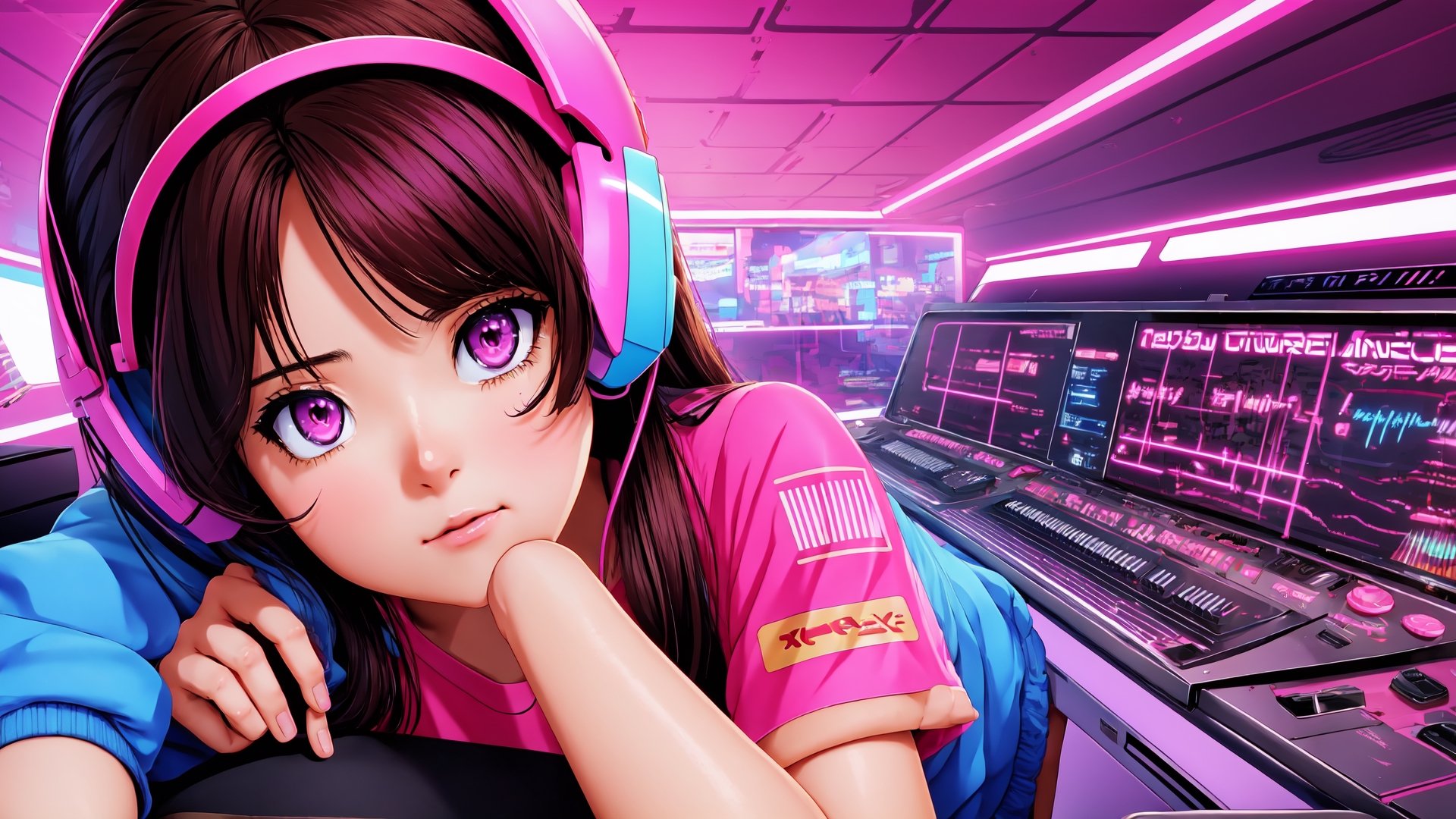 ((1girl, solo:1.3)), (synthwave atmosphere:1.55), anime girl sitting on chair at computer desk with headphones on, writing in diary and studying, wearing animal print t-shirt, pleated pants, socks, off-shoulder jacket, anime style 4 k, digital anime illustration, digital anime art, anime style. 8k, anime moe artstyle, anime art wallpaper 4 k, anime art wallpaper 4k, anime style illustration, smooth anime cg art, detailed digital anime art, anime art wallpaper 8 k, realistic anime 3 d style, 