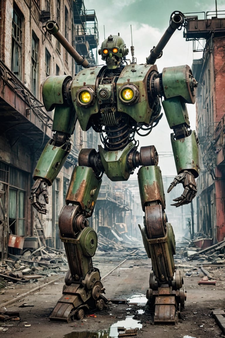 (analog photo:1.5), Imagine a methodically evil robotic soldier, a relic from Stalin's infantry, coated in a menacing shade of green with patches of rust, exuding a sense of ominous decay. This mechanical behemoth, with its towering presence, is reminiscent of a bygone era of totalitarian might. Its movements are calculated and precise, instilling fear in all who dare to cross its path. With fiery projectiles erupting from its weaponized appendages, it leaves destruction in its wake, a terrifying force to be reckoned with. This dystopian vision is brought to life through a fusion of retro-futuristic and steampunk art styles, blending mechanical intricacy with a gritty, industrial aesthetic.