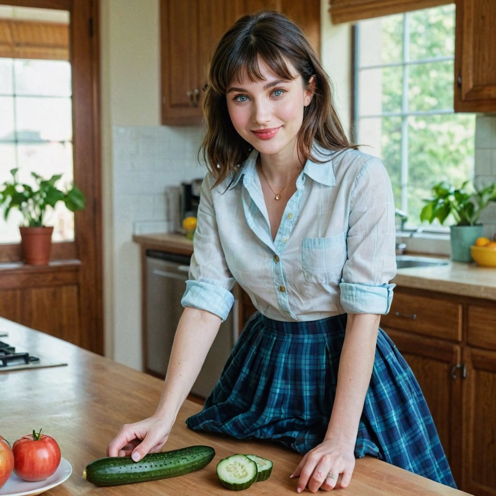 (best quality, epic masterpiece:1.3), (analog photo, wide shot), (slicing cucumbers on the countertop), adult female, white skin, brunette bobbed hair with long bangs, her hair falling gracefully about her shoulders like a silky curtain, blue expressive alert eyes that spark with intelligence and wisdom, full eyelashes, natural eyelashes, cute upturned nose, rose-hued cheeks, (full lips:1.1), a smile that melts with kindness, petite yet feminine body frame, toned curves, and proportional proportions, small breasts, for a traditional look, she wears a long plaid skirt paired with a tucked in button-down shirt. Top off the look with a colorful necklace and a pair of loafers, cooking in the kitchen, 