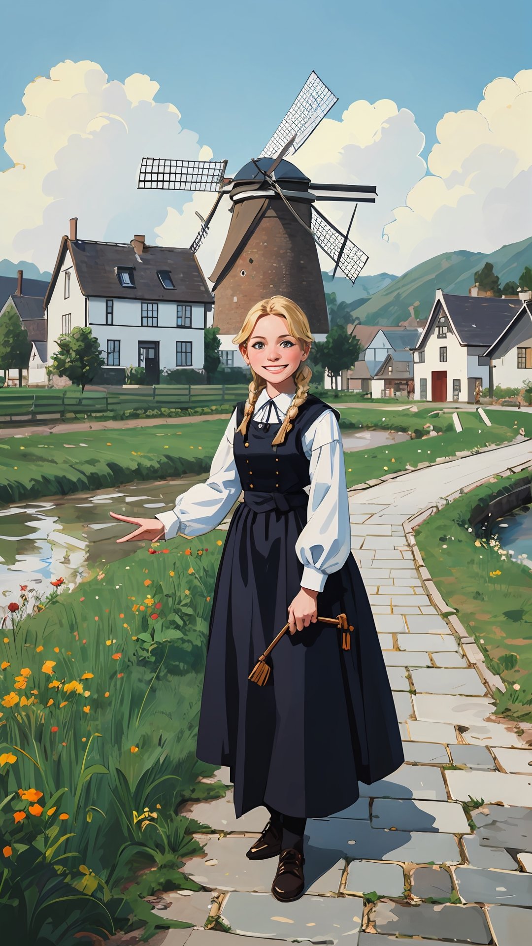 (full_length, full_body), Dutch girl, blonde, braid, happy, traditional Dutch clothing, Dutch village background, water, bridge, cobble stone path, windmill, clouds, (masterpiece, best quality:1.3), 