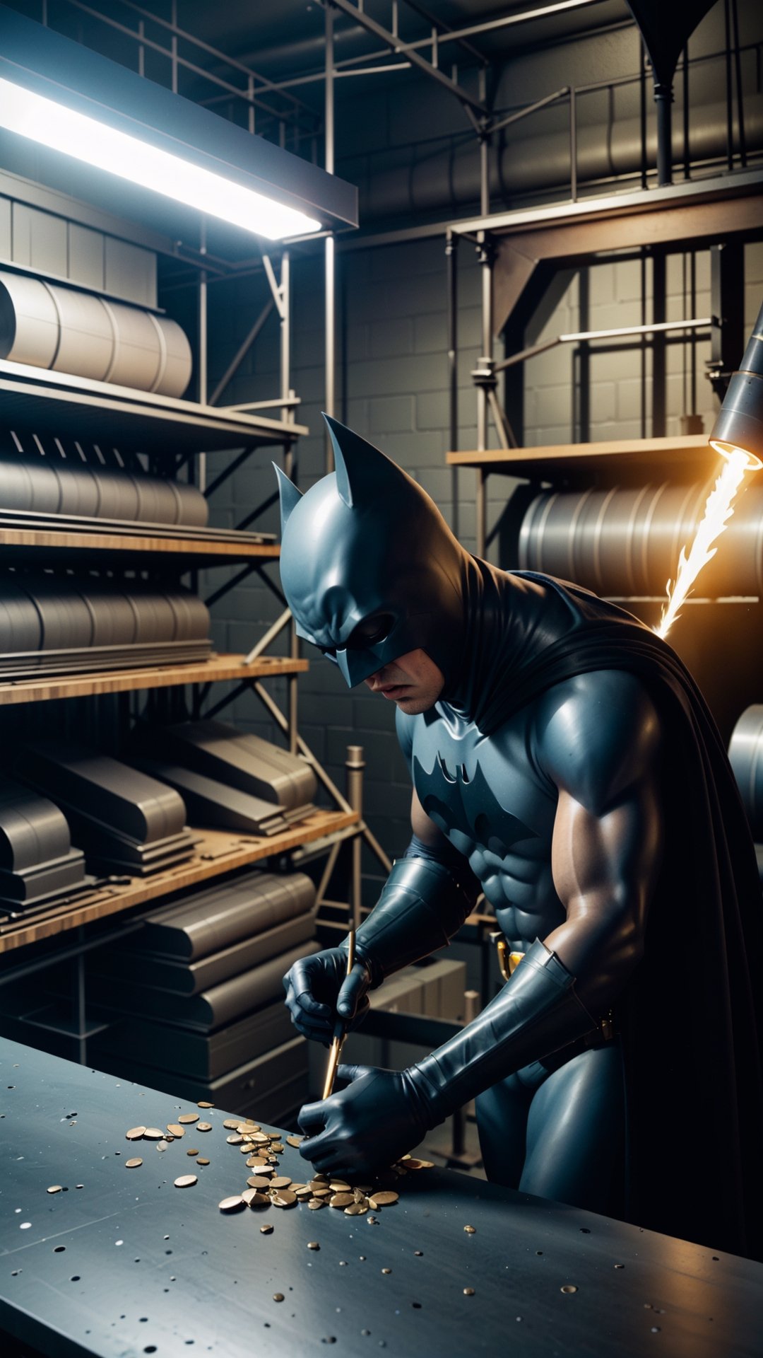 ((Wide angle view of a stunning interpretation of Batman welding metal at a forge in a blacksmith shop, highly detailed and intricate, golden ratio, dark blue colors, hypermaximalist, ornate, luxury, elite, horror, creepy, ominous, haunting, matte painting, cinematic, cgsociety, james jean, brian froud, ross tran:1.33)), Imaginative_Melodies, style, SAM YANG, 