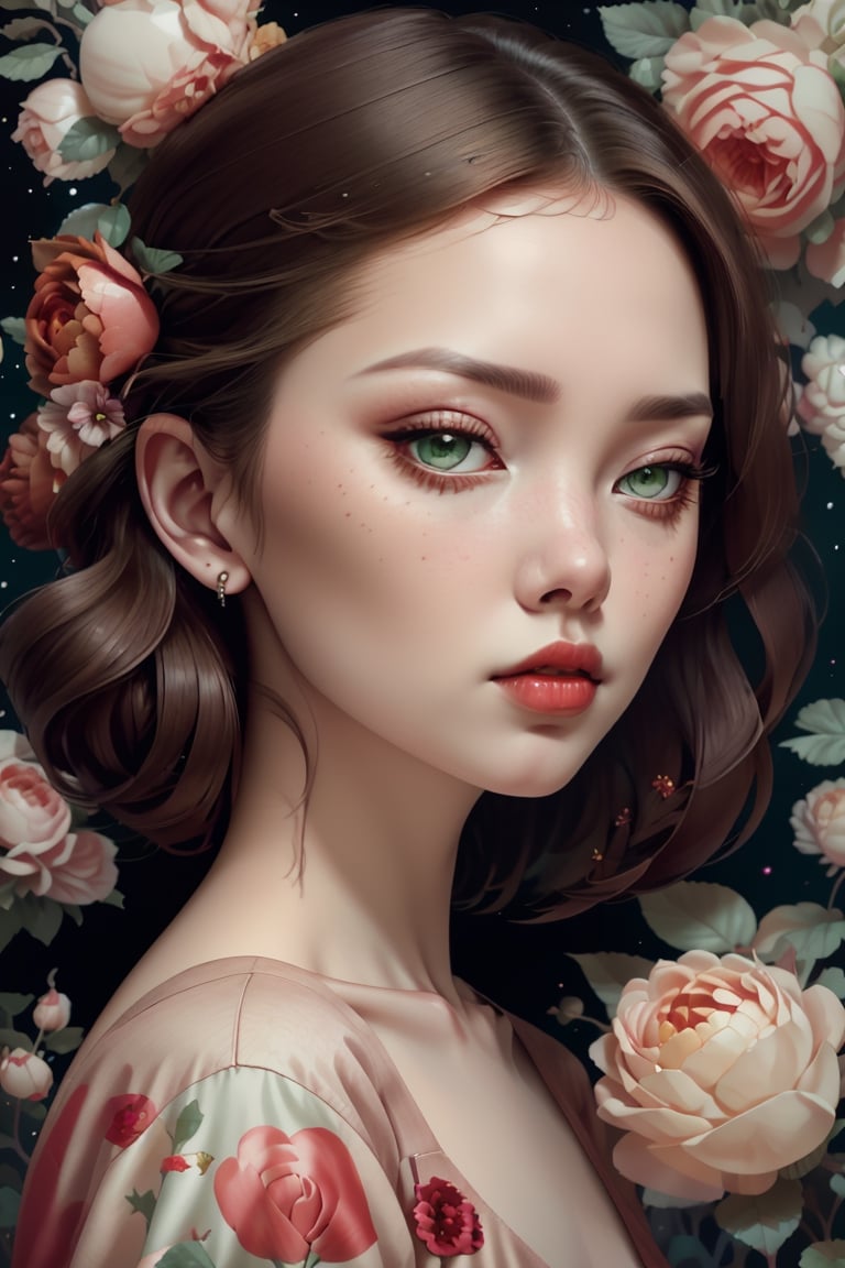 Portrait headshot of a Vibrant porcelain goddess young-adult female with medium light_ brown European hair and green eyes, red blouse, jewelry, diamond earrings, heavy eyeliner, dark eyeshadow, red lipstick, red roses background, creative imagery,  Imaginative_Melodies, Gardenia_Portraits,