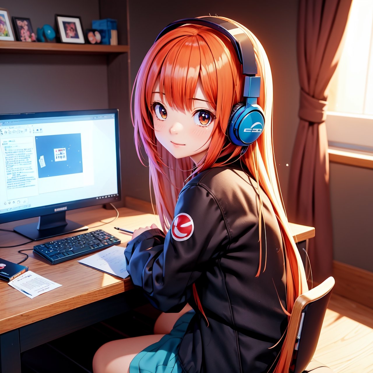 anime girl sitting at a desk with headphones on writing, anime style 4 k, digital anime illustration, digital anime art, anime style. 8k, anime moe artstyle, anime art wallpaper 4 k, anime art wallpaper 4k, anime style illustration, smooth anime cg art, detailed digital anime art, anime art wallpaper 8 k, realistic anime 3 d style