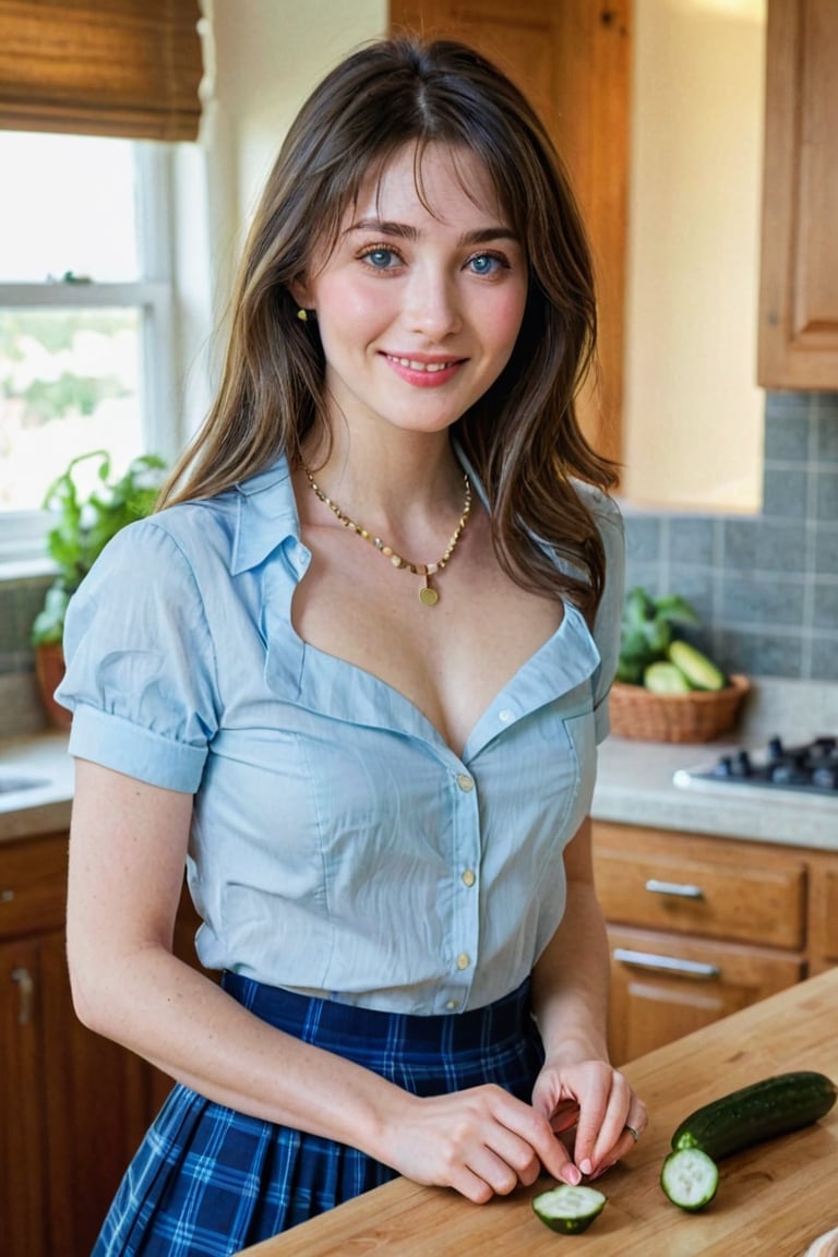 (best quality, epic masterpiece:1.3), (analog photo, wide shot), (slicing cucumbers on the countertop), adult female, white skin, brunette bobbed hair with long bangs, her hair falling gracefully about her shoulders like a silky curtain, blue expressive alert eyes that spark with intelligence and wisdom, full eyelashes, natural eyelashes, cute upturned nose, rose-hued cheeks, (full lips:1.1), a smile that melts with kindness, petite yet feminine body frame, toned curves, and proportional proportions, small breasts, for a traditional look, she wears a long plaid skirt paired with a tucked in button-down shirt. Top off the look with a colorful necklace and a pair of loafers, cooking in the kitchen, 