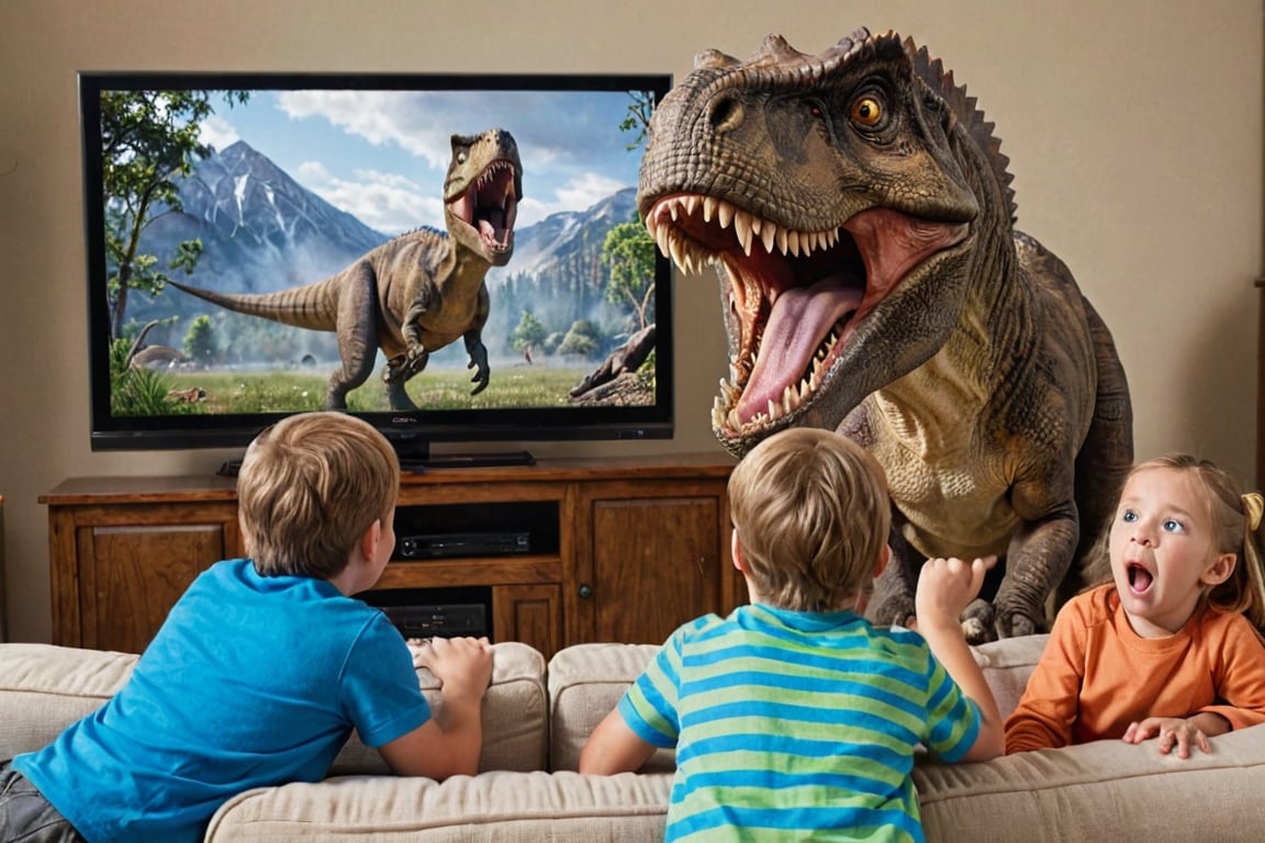 ((view from the side:1.33)), A thrilling photo of a family watching TV, unaware of the imminent danger. Suddenly, a dinosaur leaps out of the screen, roaring loudly, and terrifies the family. The TV screen is shattered, and the dinosaur's eyes glint with ferocity. The family members are frozen in fear, with their mouths agape, while the dinosaur's claw is extended, ready to pounce., photo