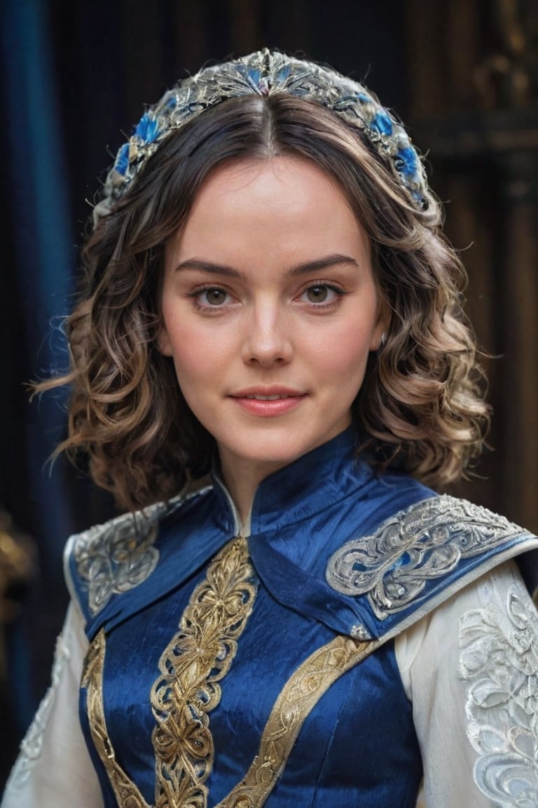 (best quality, epic masterpiece:1.3), (analog photo, studio portrait), Daisy Ridley, expressive cobalt blue eye color, Long Voluminous Curls Loose, hair over eye,  wearing royal imperial empress dress, finely detailed and woven cloth of silver, gold and majestic blue ,more detail XL ,SHARP REALISTIC MODEL , REALISTIC MODEL 