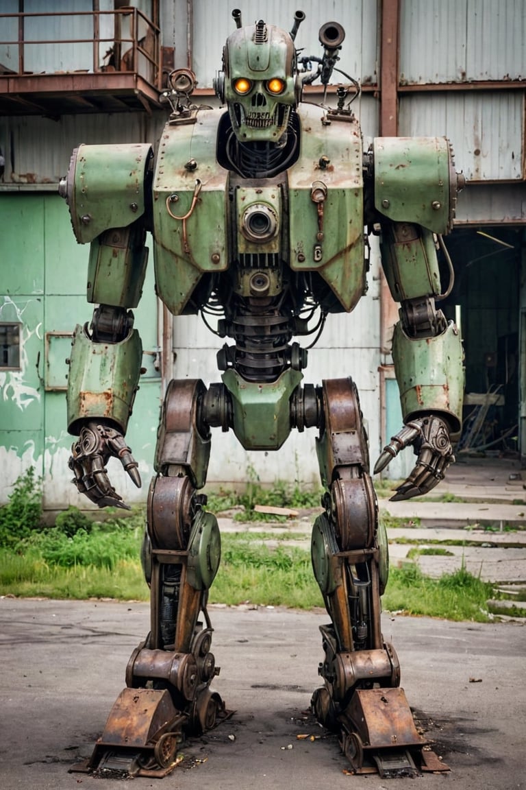 (analog photo:1.5), Imagine a methodically evil robotic soldier, a relic from Stalin's infantry, coated in a menacing shade of green with patches of rust, exuding a sense of ominous decay. This mechanical behemoth, with its towering presence, is reminiscent of a bygone era of totalitarian might. Its movements are calculated and precise, instilling fear in all who dare to cross its path. With fiery projectiles erupting from its weaponized appendages, it leaves destruction in its wake, a terrifying force to be reckoned with. This dystopian vision is brought to life through a fusion of retro-futuristic and steampunk art styles, blending mechanical intricacy with a gritty, industrial aesthetic.