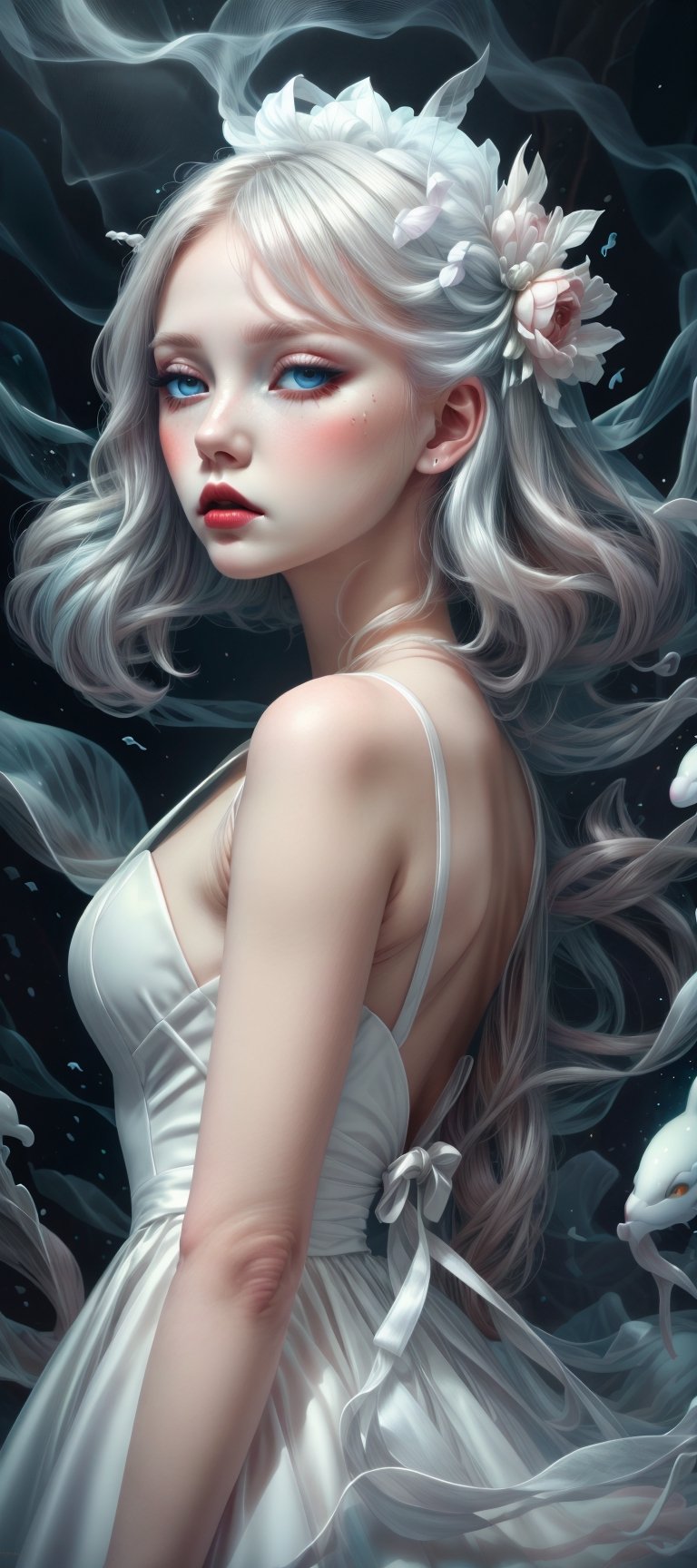 masterpiece, best quality, highres, 1girl, ghost, halloween, white hair, dazzling blue eyes, lush lips, closed mouth, embellished white bridal dress, colored skin, white skin, sad, floating_hair, flowing dress, misty, nighttime, ethereal wispy fog, light on face, ,Imaginative_Melodies