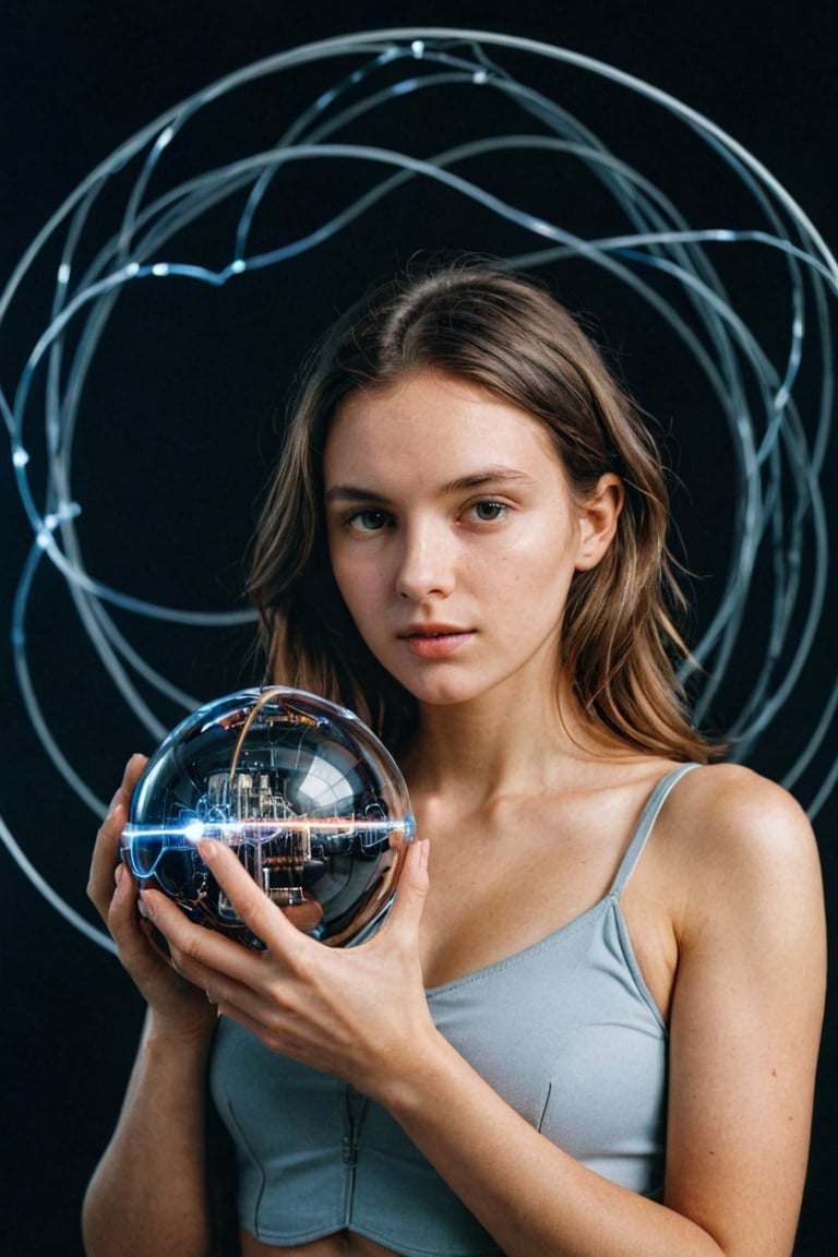 (best quality, epic masterpiece:1.3), (analog photo, upper body shot), Young woman holding a electrosphere