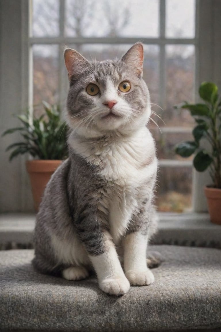 (best quality, epic masterpiece:1.3), (analog photo, close up shot), a fluffy, playful, curious, and affectionate cat in a cozy living room setting. The background should feature comfortable furniture, such as a plush sofa or armchair, adorned with colorful cushions. Sunlight streaming through a window adds a warm glow to the scene, while potted plants and shelves filled with toys enhance the playful atmosphere. The cat, with its expressive eyes and playful demeanor, could be seen perched on the back of the sofa or peering curiously out the window, engaging with its surroundings. This charming scene invites viewers into a whimsical world where the joy of companionship and relaxation with a beloved pet is celebrated ,more detail XL ,APEX colourful ,more detail XL,SHOE 