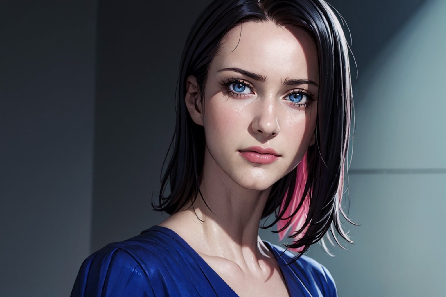 (photorealistic:1.5), anime style, closed mouth, realistic skin, blue dress, detailed pupil,  , black haired, solo, standing,Detailedface,,zenin_maki,ASU1