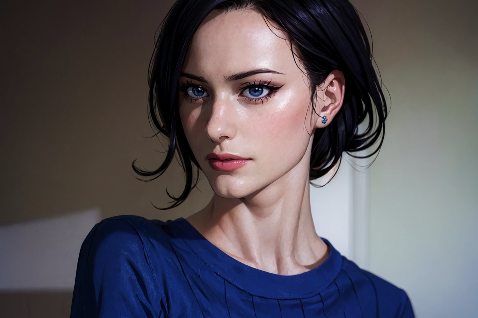 (photorealistic:1.5), anime style, closed mouth, realistic skin, blue dress, detailed pupil,  , black haired, solo, standing,Detailedface,,zenin_maki,ASU1