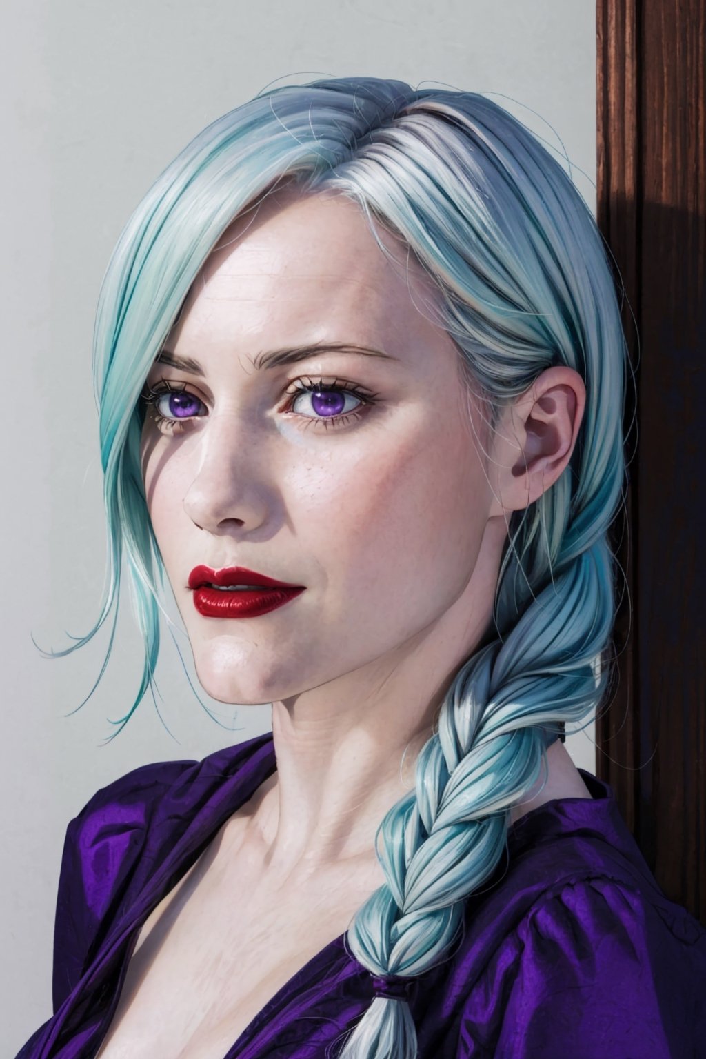 (photorealistic:1.5), anime style, closed mouth:1.0, red lips, pale skin, realistic skin,  dress, detailed pupil,  , blue haired:1.5, solo, standing,Detailedface,meidef,meimeidef, long hair, braid,purple eyes, single braid