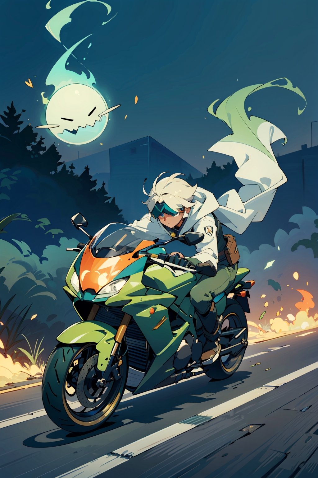 ((masterpiece, best quality)), ghost ridder, male ((without head)), dullahan, ridding motorcycle, (green fire), vibrant, detailed, CG unity wallpaper 