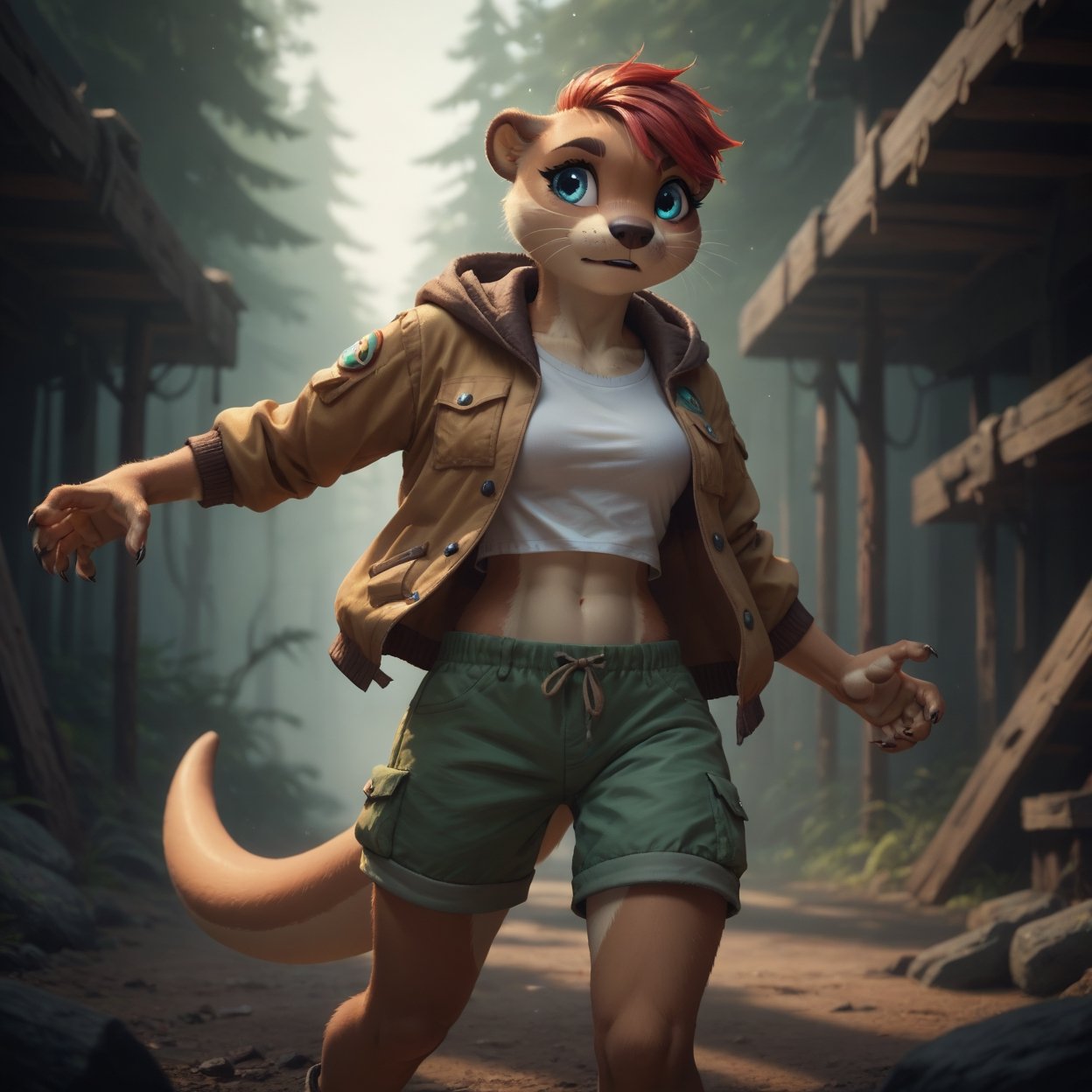 Score_9, score_8_up, score_7_up, bright colors, vivid colors, furry, female otter bigfoot researcher looking for bigfoot in an abandoned summer camp, midriff, jacket, shorts, blue eyes, cute, eerie atmosphere, action pose,