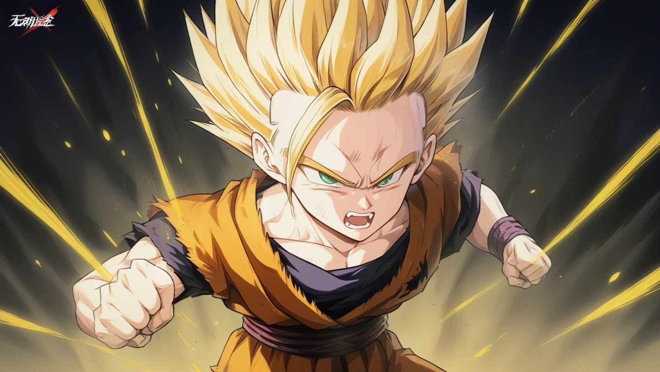a powerful and intense portrait of Gohan in his Super Saiyan 2 form, with blonde long hair, a serious expression, and a confident, attacking pose, inspired by classic anime art style, vibrant colors, and dynamic composition.,gohan,cowboy_shot,clenched_fist,solo_focus,gritting_teeth
