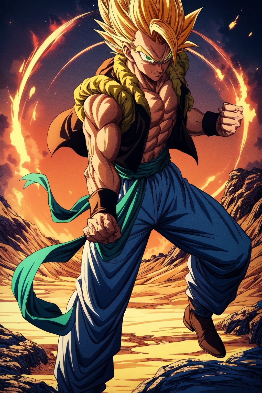 (masterpiece, best quality:1.2), , cowboy shot, solo, male focus, 1boy, gogeta, muscular male, smirk, looking at viewer,  yellow hair, green eyes, vest, blue sash, white pants, wristband, tail, pectorals,clenched_fist,lava_background