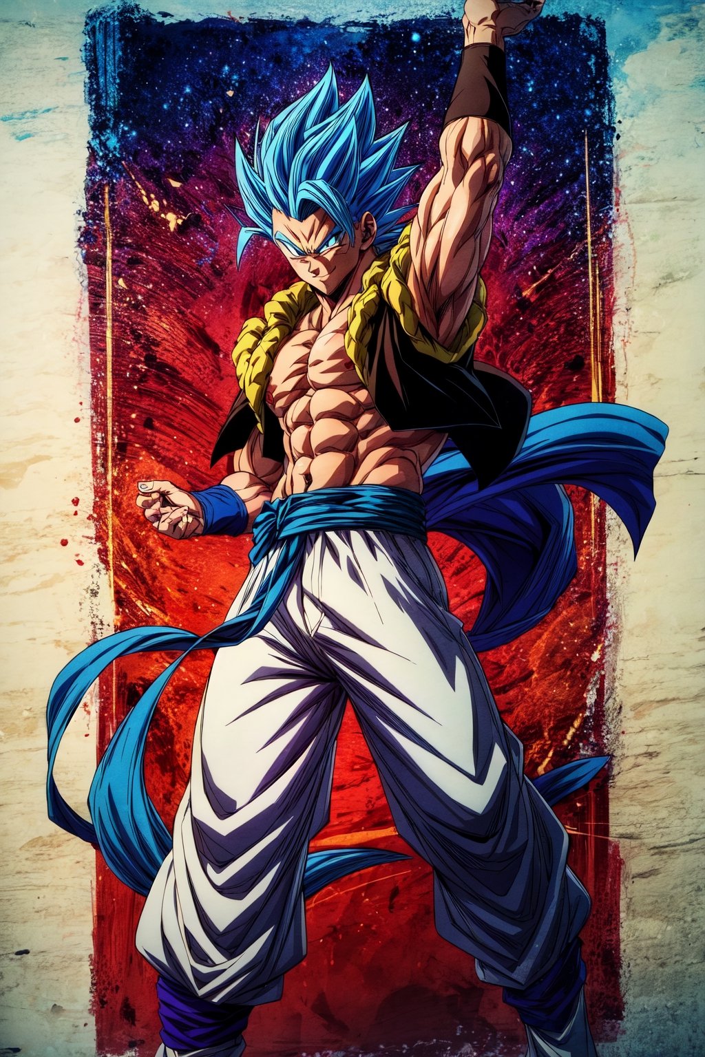 (masterpiece, best quality:1.2), , cowboy shot, solo, male focus, 1boy, gogeta, muscular male, smirk, looking at viewer,  blue hair, blue eyes, vest, blue sash, white pants, wristband, tail, pectorals