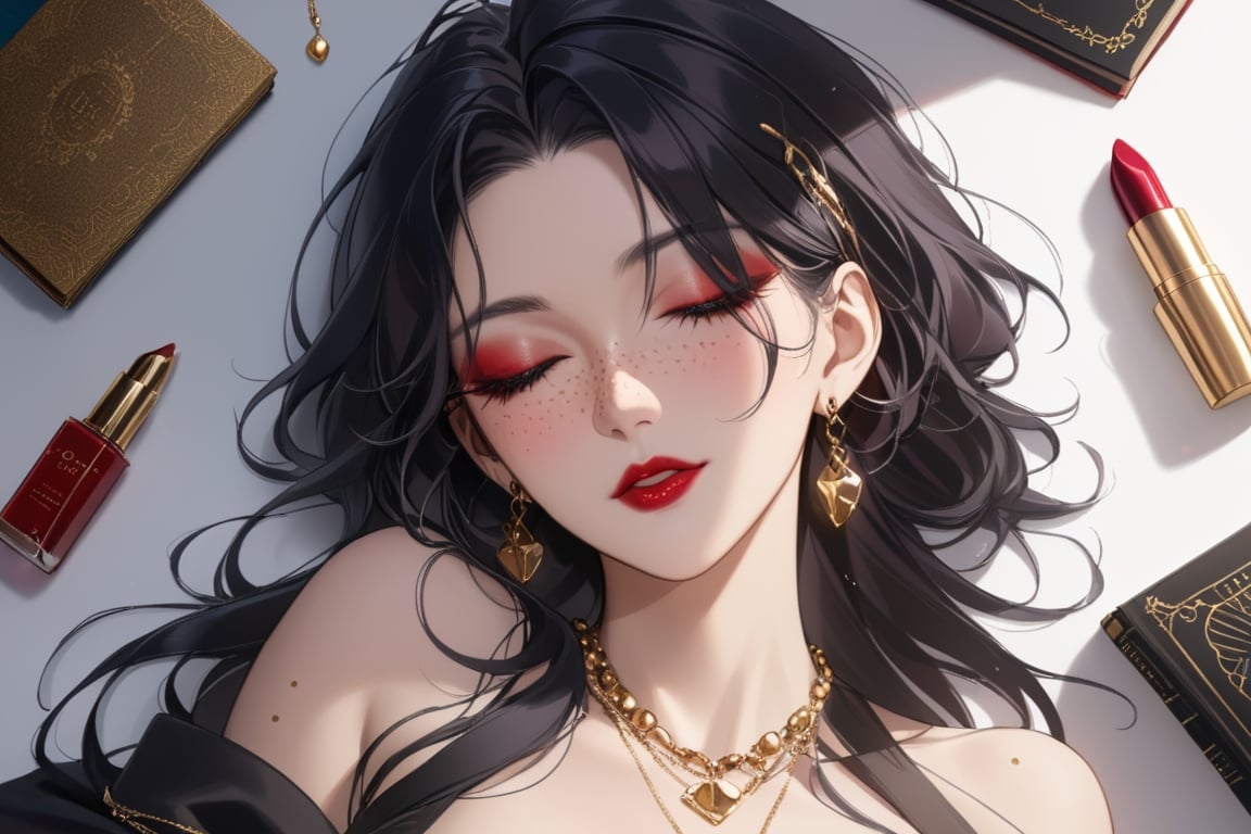 1girl, solo, long hair, looking at viewer, blue eyes, black hair, jewelry, earrings, one eye closed, necklace, nail polish, lips, book, makeup, lipstick, black nails, freckles, red lips,,ptn,official_art,,(masterpiece, best quality:1.2),milf,mature_female,ptn