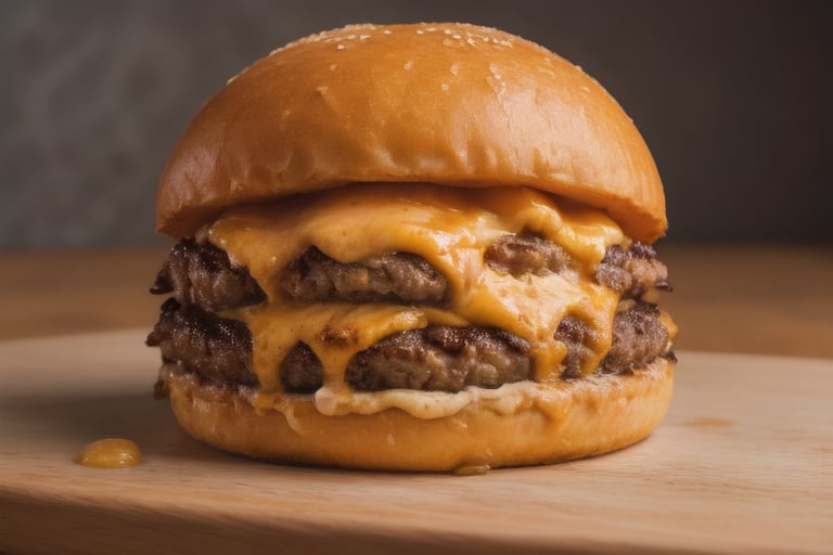 cheese burger, cheezy, big chunk of meat, lots of sauce