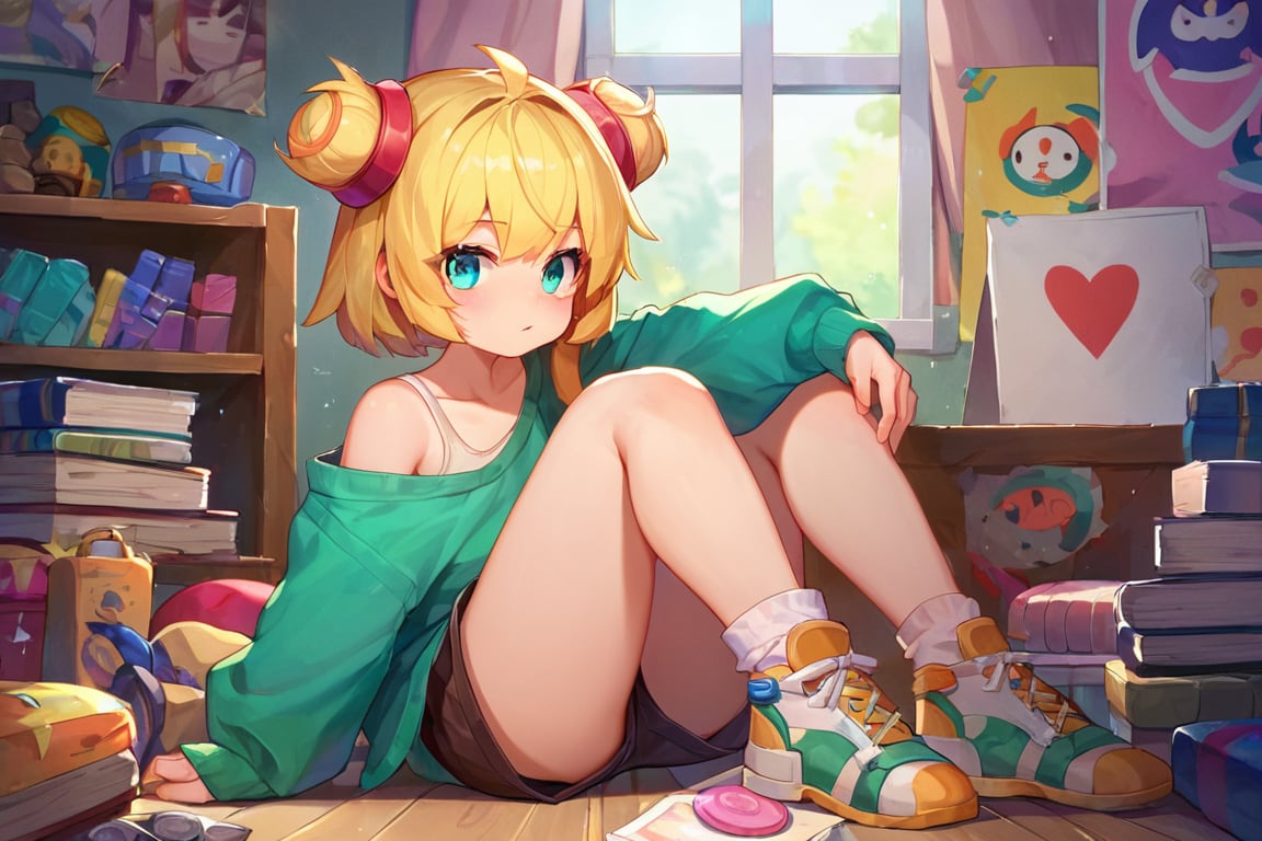 score_9, score_8_up, score_7_up, score_6_up, score_5_up, score_4_up, BREAK source_anime, rating_A short-haired anime girl sits dejectedly on the floor of her messy bedroom, her shoulders slumped and her head hung low. The room is a chaotic jumble of clothes, books, and empty food wrappers, reflecting the girl's inner turmoil. Posters of anime characters and video game heroes adorn the walls, their vibrant colors contrasting with the girl's somber mood