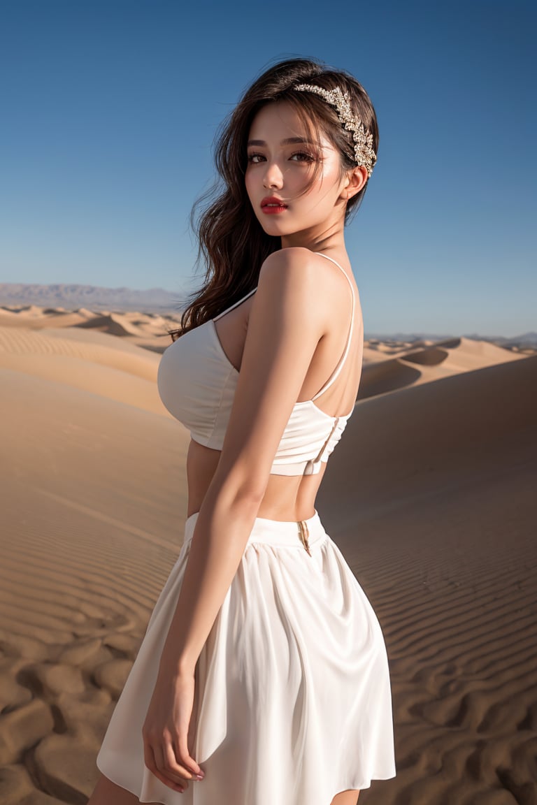 A majestic portrait of femininity: A stunning young woman, with dark tan skin and striking features, exudes confidence as she poses amidst a serene desert oasis. Her parted lips curve into a gentle smile, framing her face beneath soft blush-kissed cheeks. Silky hair is swept back in a high ponytail, secured by a sleek headpiece that complements her radiant beauty. A flowing white skirt with gem-like hooks and a short crop top showcase her athletic yet curvy figure against the sun-kissed dunes. The camera's focus captures every detail of her stunning makeup, as she stands majestically amidst a tranquil landscape.