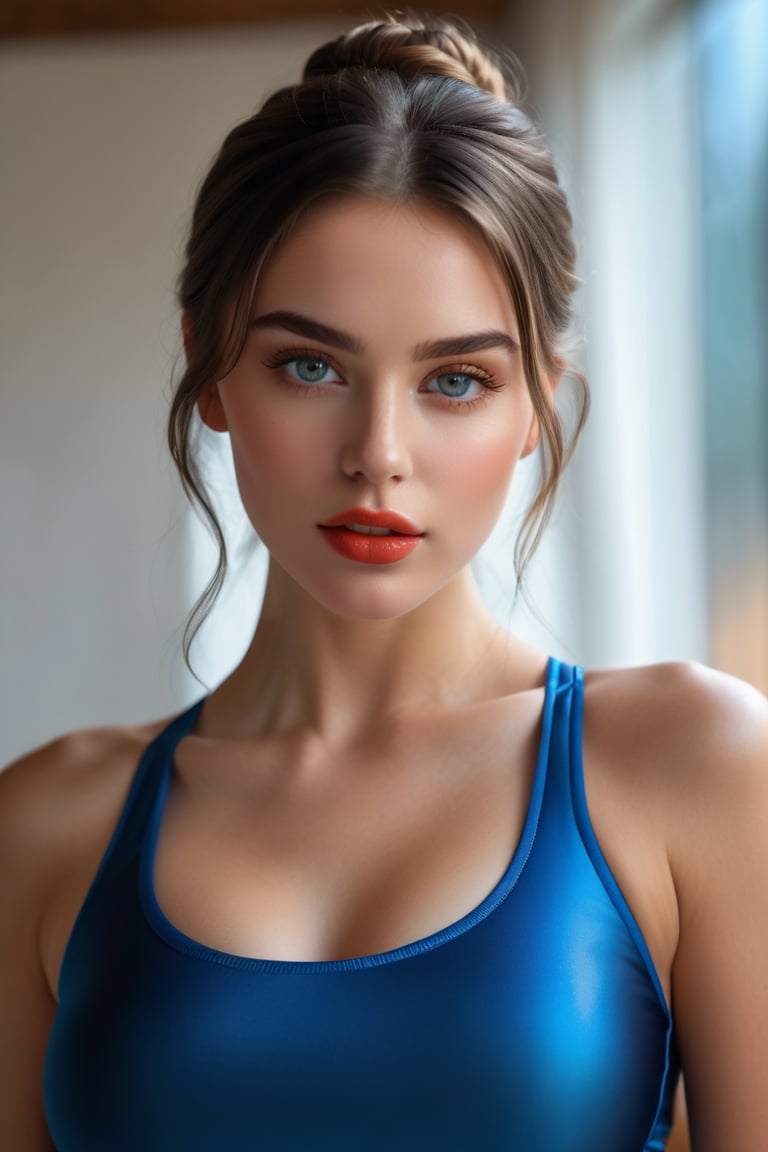 (Best Quality, 4K, 8K, High Resolution, Masterpiece: 1.2), (Super Detailed, Realistic, Photorealistic:1.37)A captivating young girl, donning a striking ensemble of red and blue, stands before a window with an air of toughness and determination. Her enchanting eyes are exquisitely detailed, capturing every 1 beautiful woman, beautiful body, dressed as a sexy volleyball player, made up, eyes outlined; lying on a bed, sweating, drooling, eyes closed, sleeping with her mouth open, sleeping, passed out, beautiful hair; a hand is opening his eye with its finger; eyecheck; checking his eye; lookalike model Lucy Pinderglimmer and depth, while her lips boast a meticulous beauty that is both captivating and alluring. The level of detail extends to her entire face, each contour and feature meticulously rendered to perfection, creating a sense of hyper-realism that draws the viewer in. 

The girl's attire, reminiscent of oil painting art, is a work of art in itself. The fabric, skillfully crafted to resemble vibrant brushstrokes, adds a touch of dynamism to her overall appearance. It is a true reflection of the artist's talent, showcasing a mastery, (NSFW:1.5), Chignon hairstyle, (beautiful nipples:1.2)