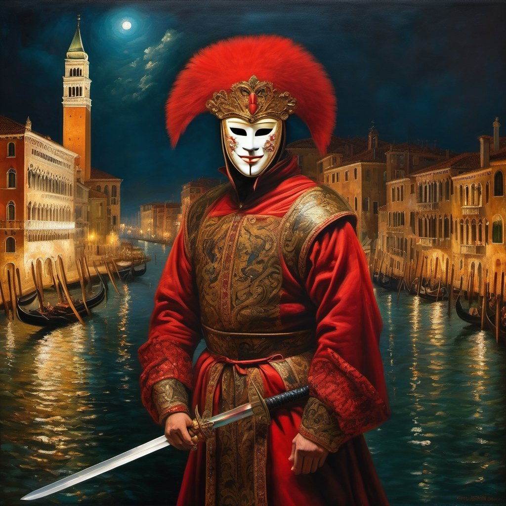 
A full body representation of a swordsman wearing a red Venetian mask, dynamic pose, intricate, colorful, fine facial details, Venice city by night on background, sharp focus, aged oil painting in the style of rembrandt