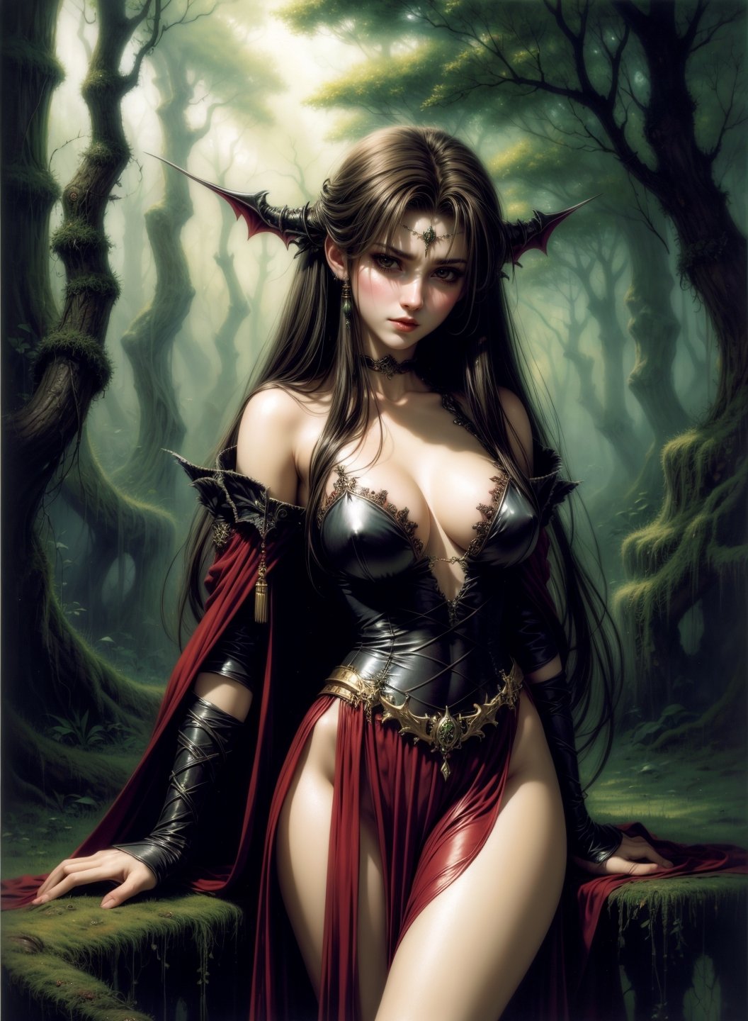 A vampire queen by Luis Royo, languid gaze, greenery forest background 