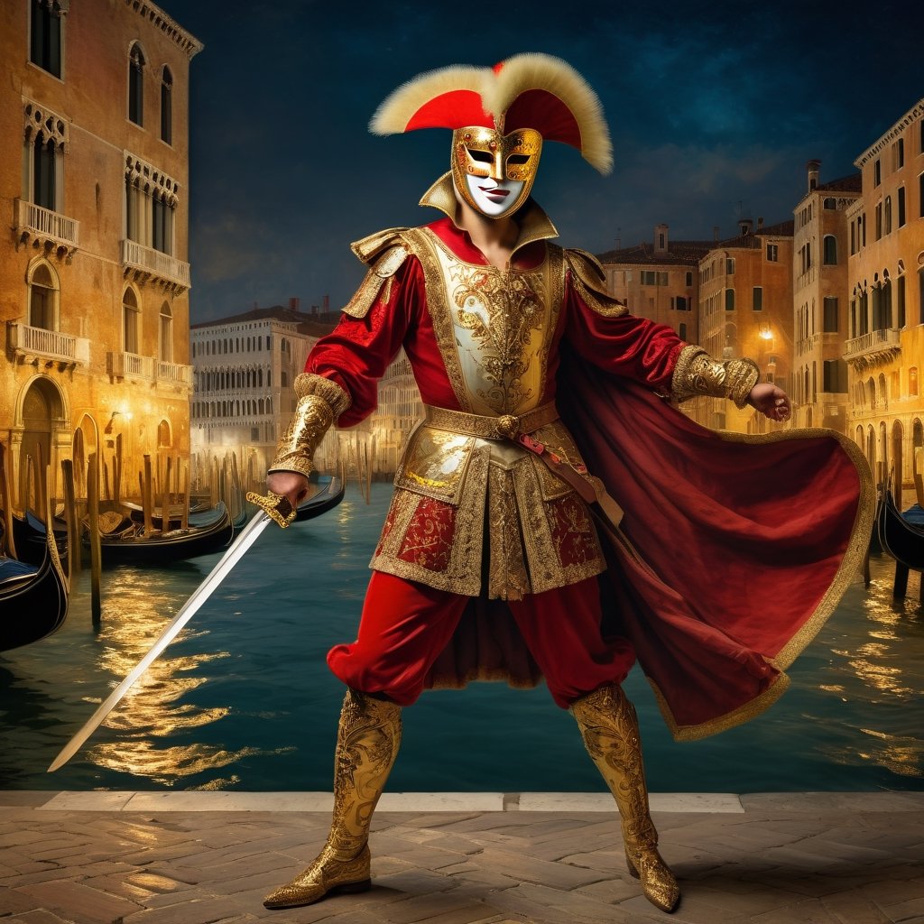 
A full body representation of a swordsman wearing a red and gold Venetian mask, dynamic pose, intricate, colorful, fine facial details, Venice city by night on background, sharp focus, aged oil painting in the style of rembrandt