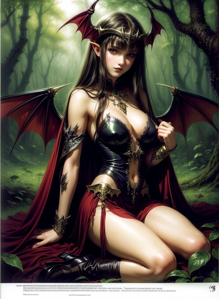 A large winged vampire queen by Luis Royo, languid gaze, greenery forest background 