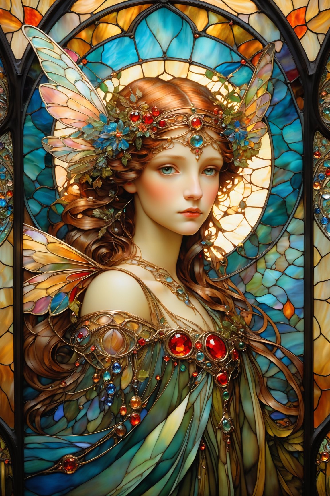 Fairy, large wings, magical fantasy art is done in oil paint and liquid chrome, liquid rainbow, golden leaf, golden line, copper surfaces, shining red jewels, best quality, fairytale, patchwork, (stained glass:1.2), storybook detailed illustration, cinematic, ultra highly detailed, tiny details, beautiful details, mystical, luminism, vibrant colors, complex background, resolution hyperdetailed intricate liminal eerie precisionism, DSLR filmic hyperdetailed, intricate background, (dark luminescent:1.2) art by Alphonse Mucha, Kinuno Y Craft, Brian Froud, Arthur Rackham, Jean Baptiste Monge,crystalz