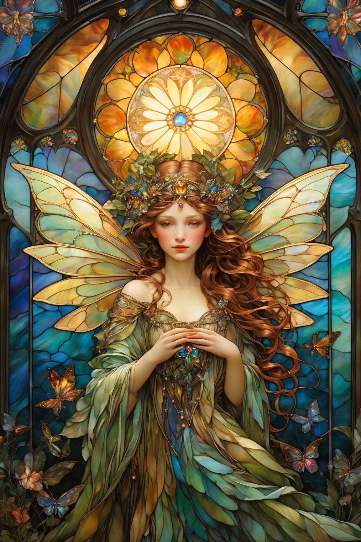 Fairy, large wings, magical fantasy art is done in oil paint and liquid chrome, liquid rainbow, golden line, copper surfaces, best quality, fairytale, patchwork, (stained glass:1.2), storybook detailed illustration, cinematic, ultra highly detailed, tiny details, beautiful details, mystical, luminism, vibrant colors, complex background, resolution hyperdetailed intricate liminal eerie precisionism, DSLR filmic hyperdetailed, intricate background, (dark luminescent:1.2) art by Alphonse Mucha, Kinuno Y Craft, Brian Froud, Arthur Rackham, Jean Baptiste Monge,crystalz