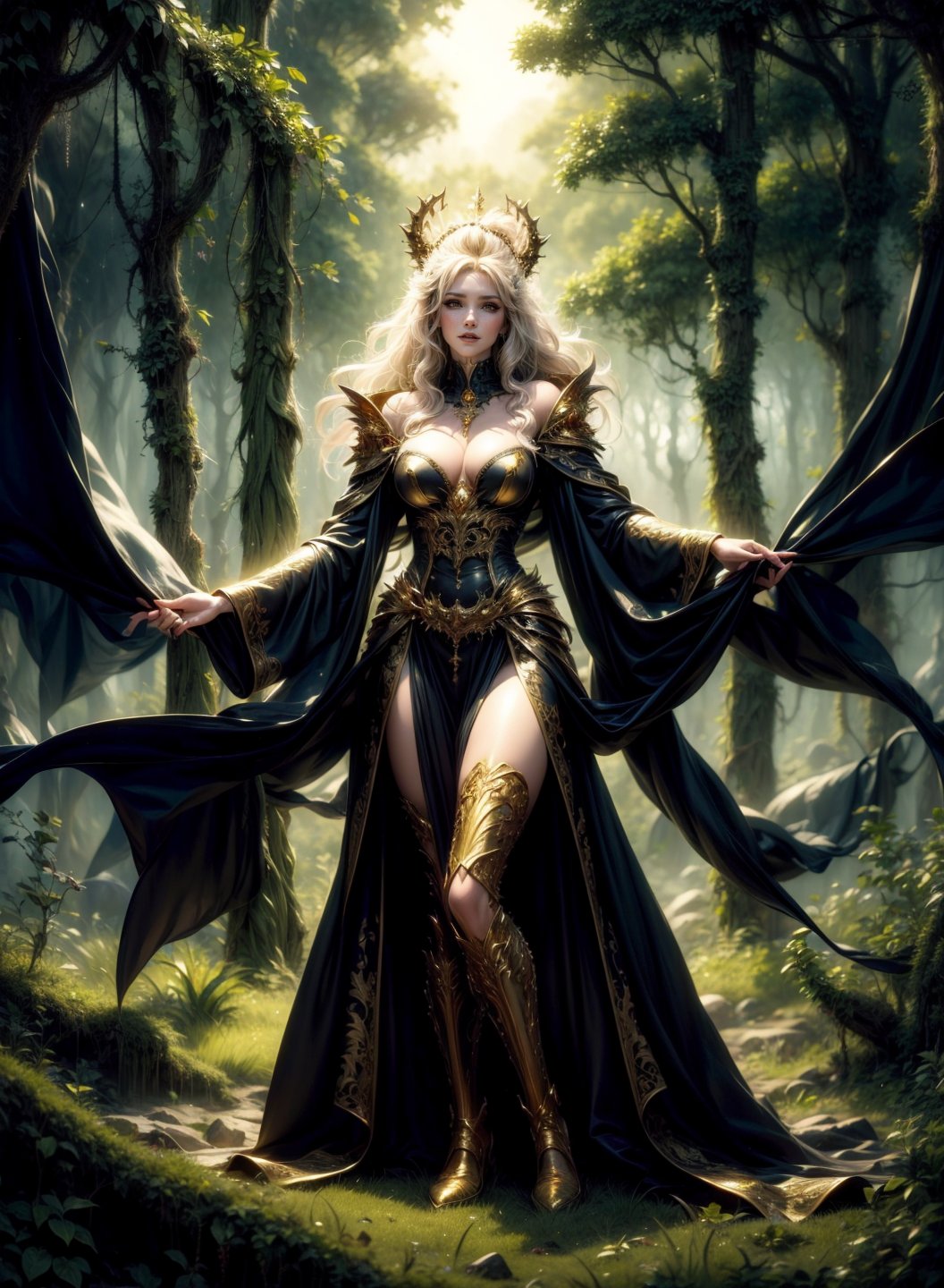 A vampire queen by Luis Royo, richly golden jeweled, standing in majestic pose, greenery forest background