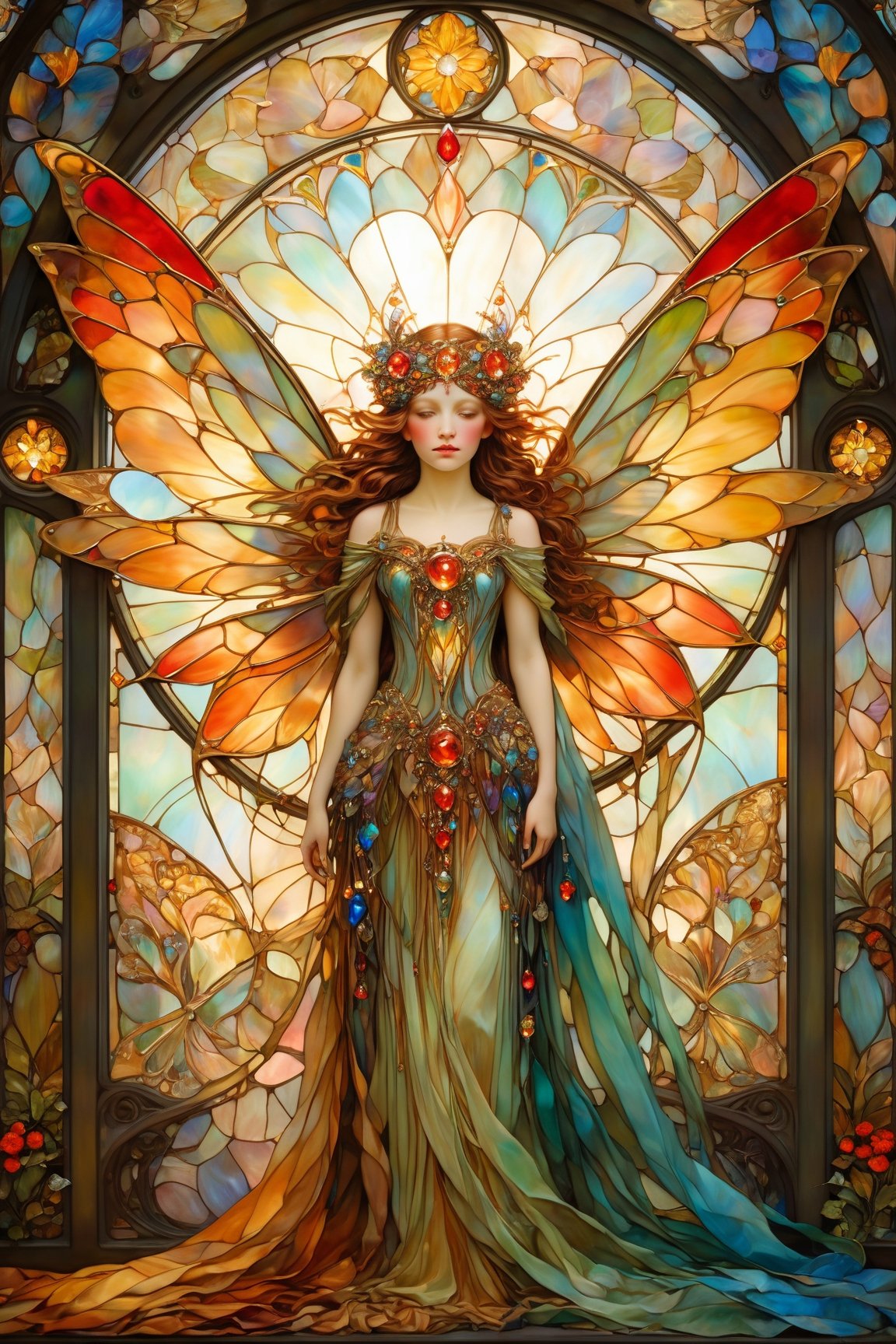 Fairy, large wings, magical fantasy art is done in oil paint and liquid chrome, liquid rainbow, golden leaf, golden line, copper surfaces, shining red jewels, best quality, fairytale, patchwork, (stained glass:1.2), storybook detailed illustration, cinematic, ultra highly detailed, tiny details, beautiful details, mystical, luminism, vibrant colors, complex background, resolution hyperdetailed intricate liminal eerie precisionism, DSLR filmic hyperdetailed, intricate background, (dark luminescent:1.2) art by Alphonse Mucha, Kinuno Y Craft, Brian Froud, Arthur Rackham, Jean Baptiste Monge,crystalz