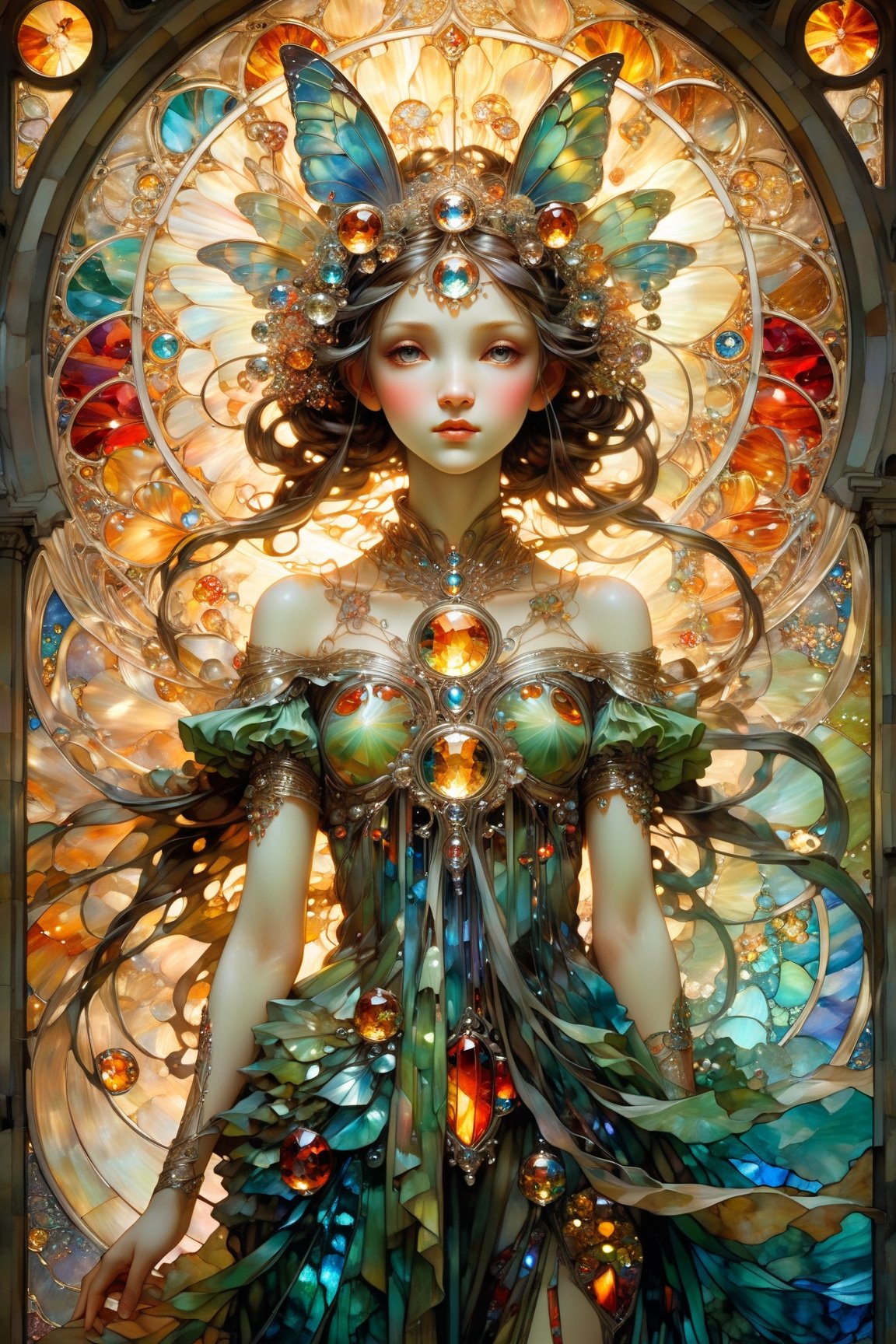 Full body fairy with perfect manga face, magical fantasy art is done in oil paint and liquid chrome, liquid rainbow, best quality, art on a cracked paper, fairytale, patchwork, (stained glass:1.2), storybook detailed illustration, cinematic, ultra highly detailed, tiny details, beautiful details, mystical, luminism, vibrant colors, complex background, resolution hyperdetailed intricate liminal eerie precisionism, intricate background, (dark luminescent:1.2) art by Alphonse Mucha, Kinuko Y Craft, Arthur Rackham, Jean Baptiste Monge,crystalz