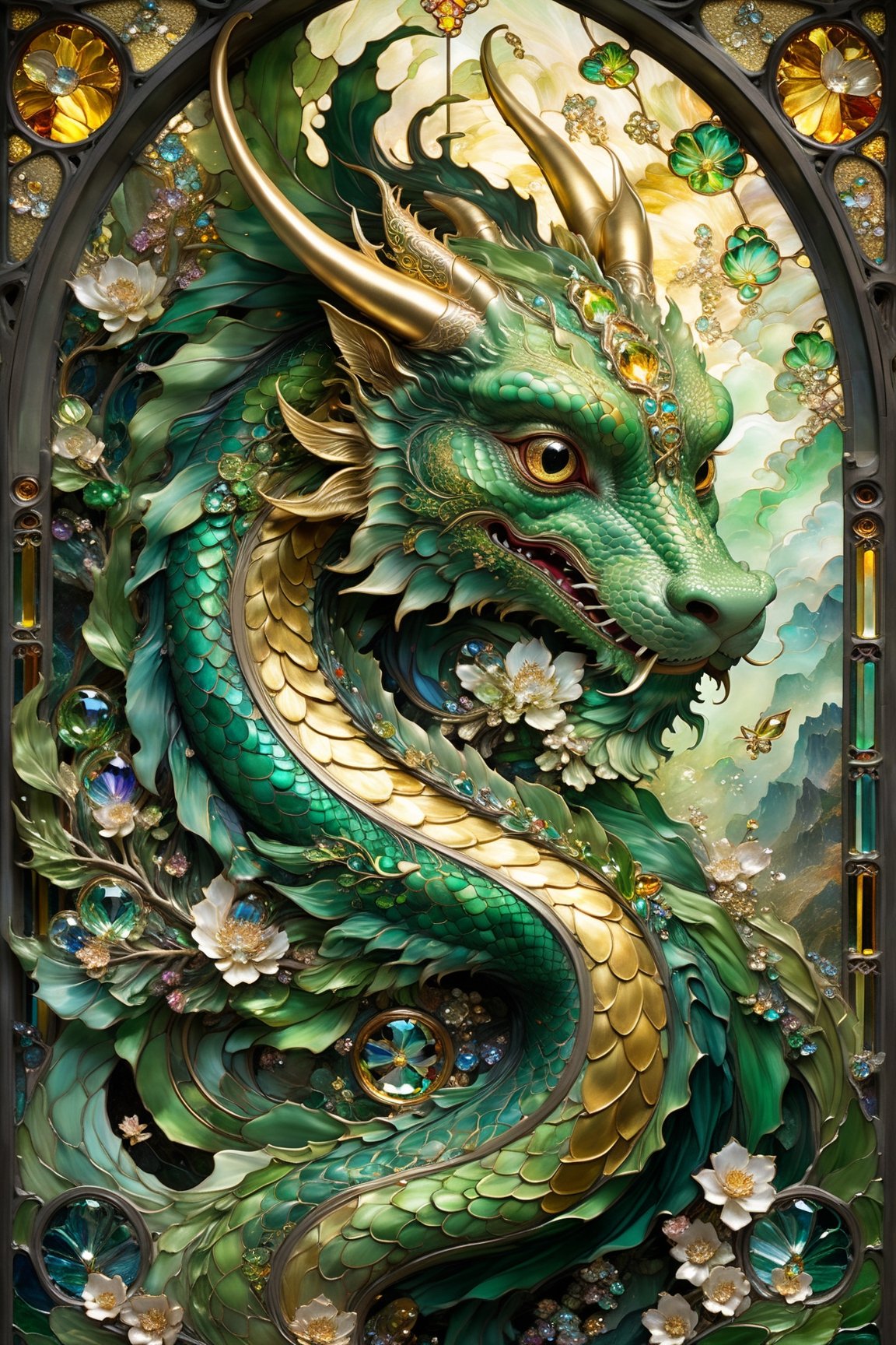 Green and gold chinese Lung dragon, magical fantasy art is done in oil paint and liquid chrome, liquid rainbow, best quality,  fairytale, patchwork, (stained glass:1.2), storybook detailed illustration, cinematic, ultra highly detailed, tiny details, beautiful details, mystical, luminism, vibrant colors, complex background, resolution hyperdetailed intricate liminal eerie precisionism, intricate background, (dark luminescent:1.2) art by Alphonse Mucha, Kinuko Y Craft, Alan Lee, crystalz