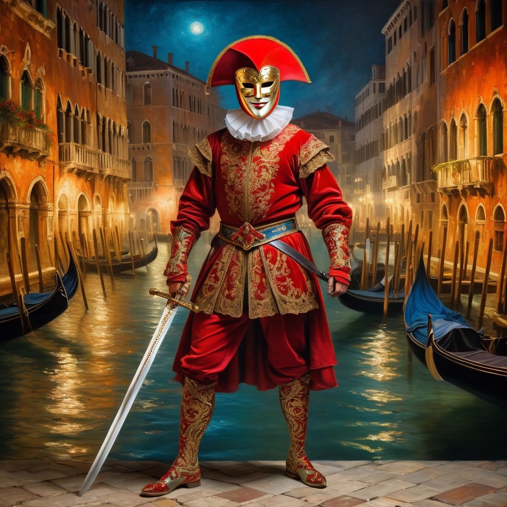 
A full body representation of a swordsman wearing a red Venetian mask, dynamic pose, intricate, colorful, fine facial details, Venice city by night on background, sharp focus, aged oil painting in the style of rembrandt