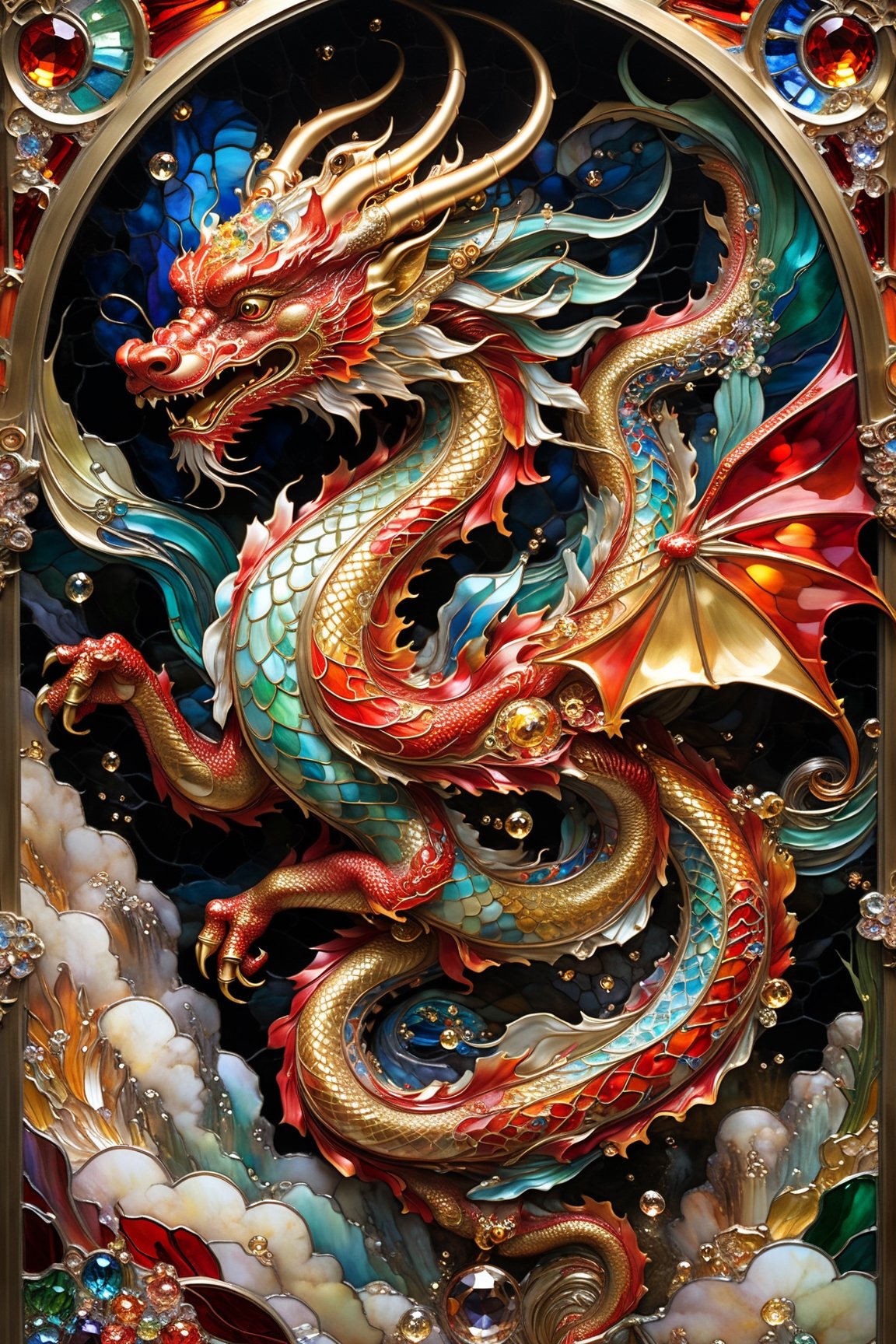 Red and gold chinese Lung dragon, magical fantasy art is done in oil paint and liquid chrome, liquid rainbow, best quality,  fairytale, patchwork, (stained glass:1.2), storybook detailed illustration, cinematic, ultra highly detailed, tiny details, beautiful details, mystical, luminism, vibrant colors, complex background, resolution hyperdetailed intricate liminal eerie precisionism, intricate background, (dark luminescent:1.2) art by Alphonse Mucha, Kinuko Y Craft, Alan Lee, crystalz