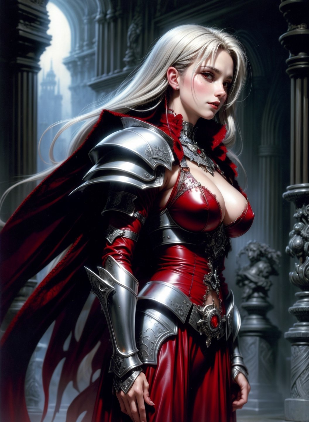 A vampire queen by Luis Royo, intricately ornated silver armor over a fine red leather dress
